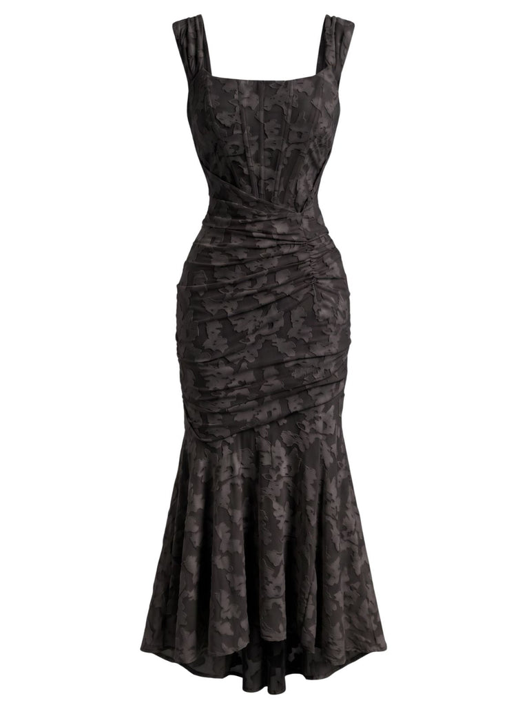 30er schulterfreies Meerjungfrauenkleid mit Corsagenstäbchen und Blumen