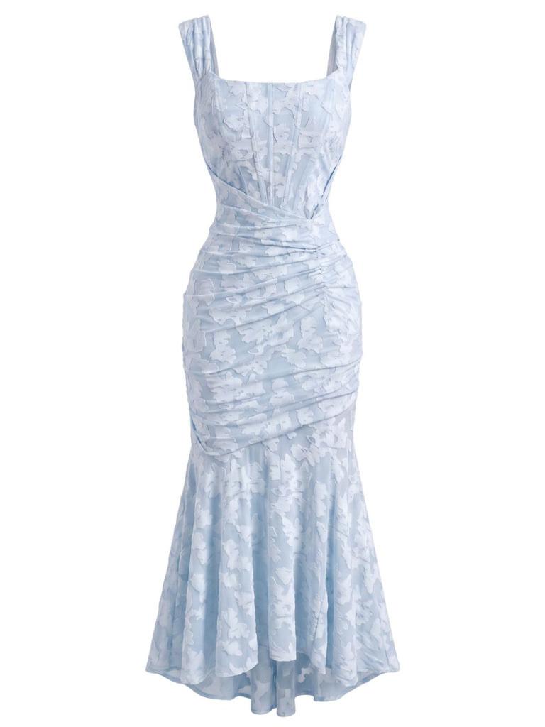 30er schulterfreies Meerjungfrauenkleid mit Corsagenstäbchen und Blumen