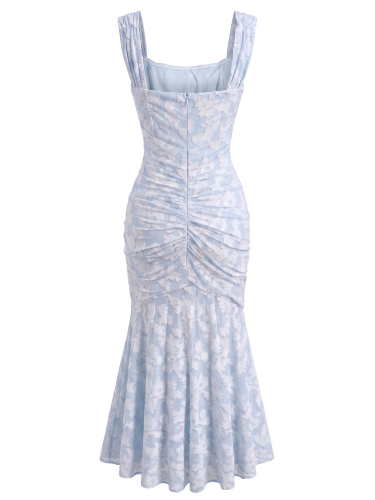 30er schulterfreies Meerjungfrauenkleid mit Corsagenstäbchen und Blumen