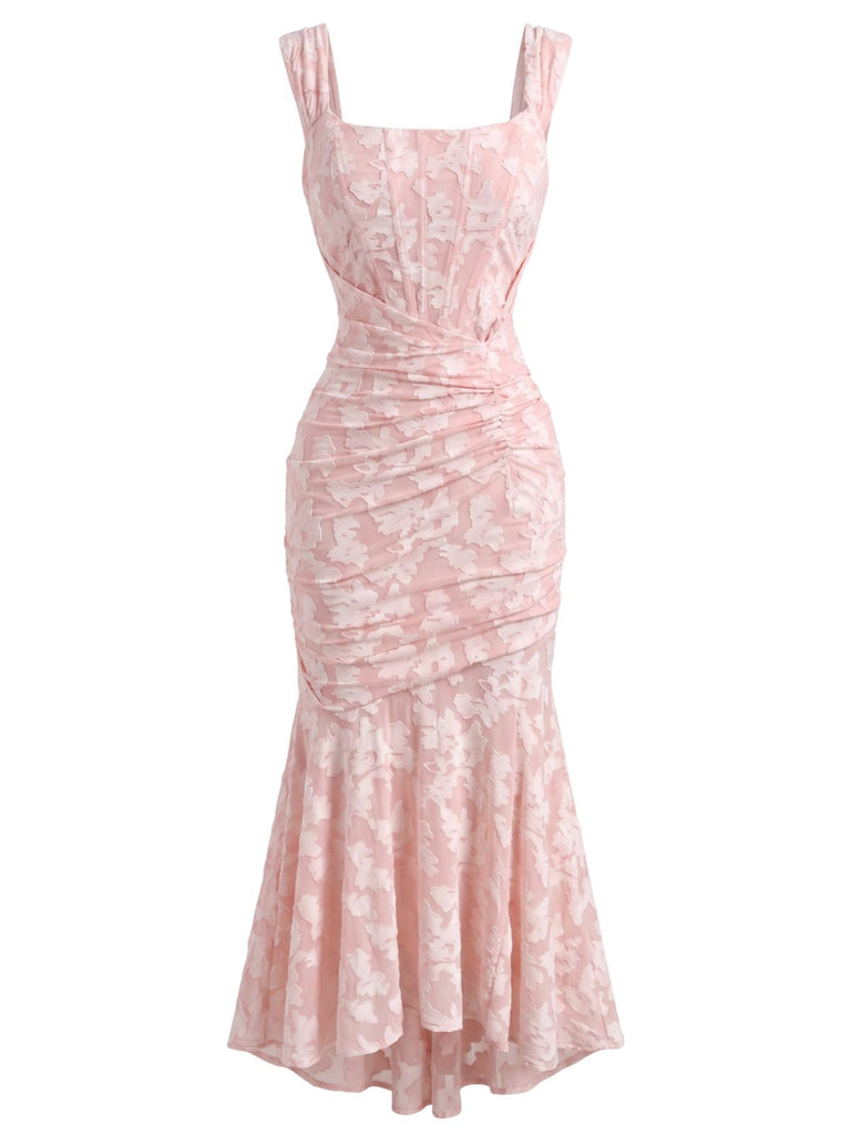 30er schulterfreies Meerjungfrauenkleid mit Corsagenstäbchen und Blumen