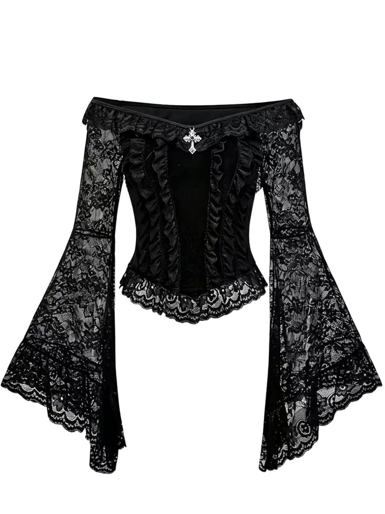 Schwarzes 50er Gothic schulterfreies Spitzentop mit Kreuzanhänger