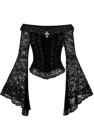Schwarzes 50er Gothic schulterfreies Spitzentop mit Kreuzanhänger