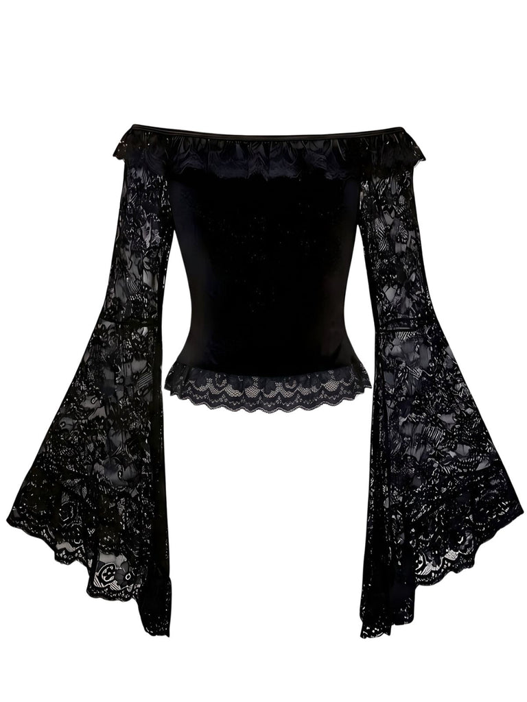 Schwarzes 50er Gothic schulterfreies Spitzentop mit Kreuzanhänger