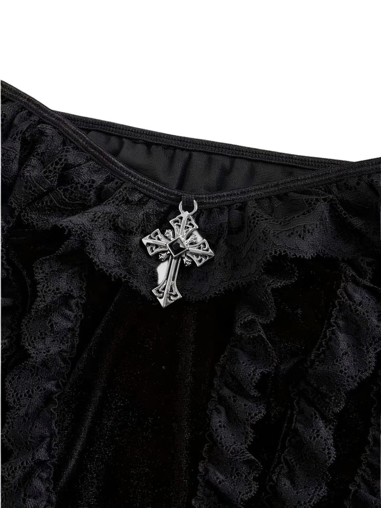 Schwarzes 50er Gothic schulterfreies Spitzentop mit Kreuzanhänger
