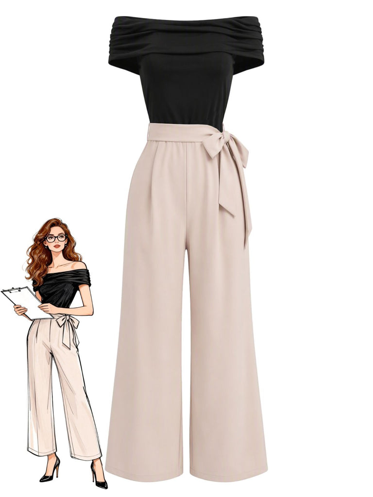 Schwarzer & Khaki 50er schulterfreier Jumpsuit mit Gürtel