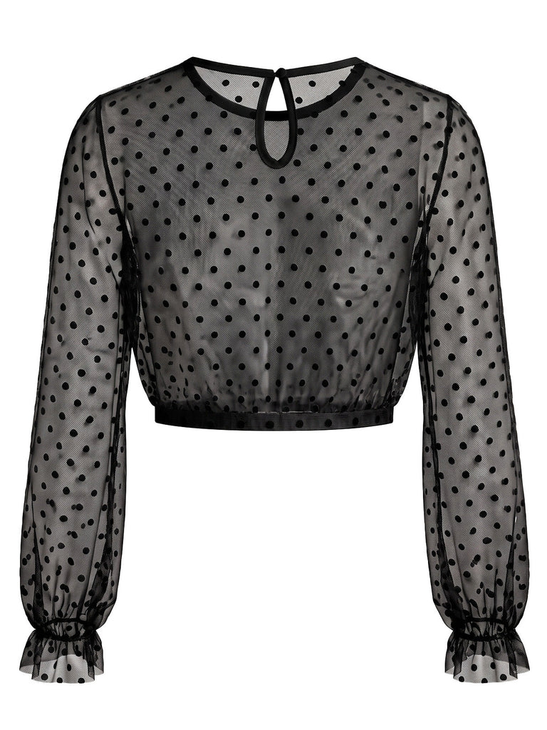 50er Mesh-Crop-Top mit Polka-Dots und Rüschenärmeln