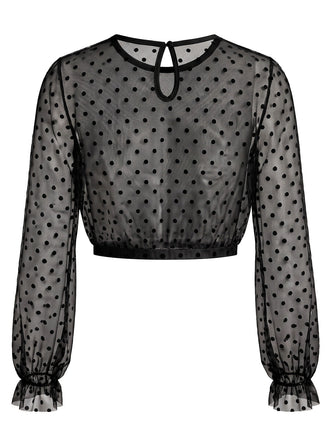 50er Mesh-Crop-Top mit Polka-Dots und Rüschenärmeln