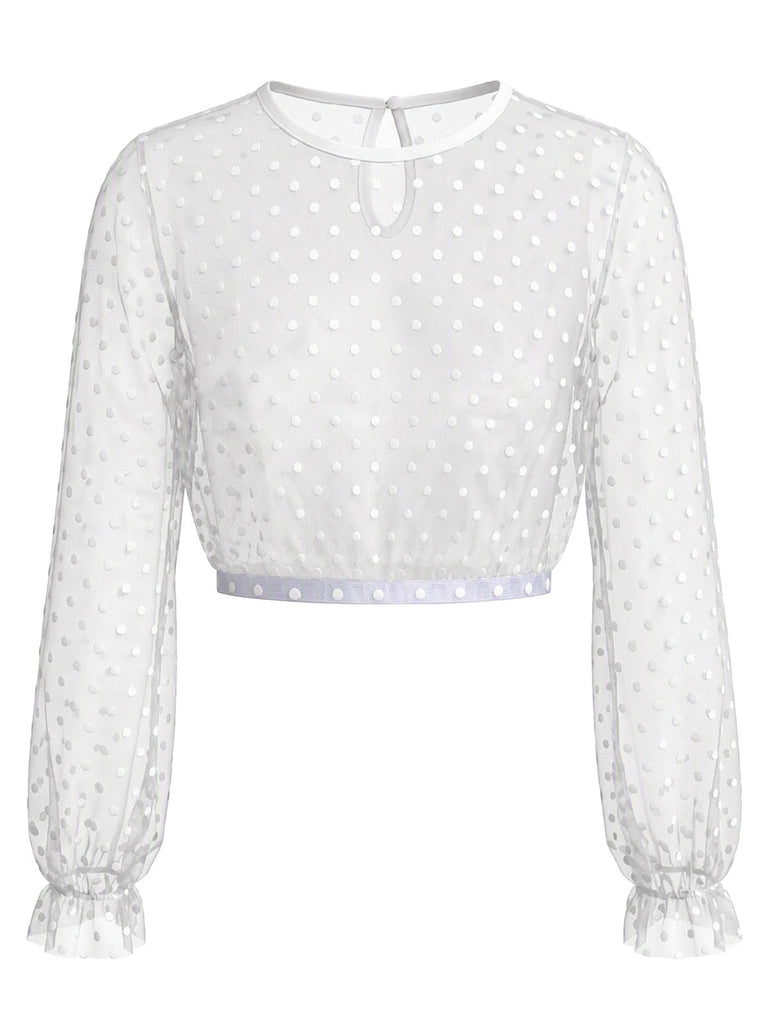 50er Mesh-Crop-Top mit Polka-Dots und Rüschenärmeln