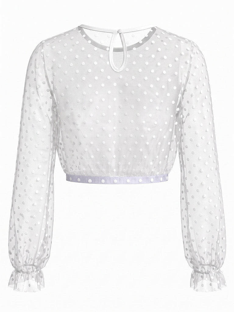 50er Mesh-Crop-Top mit Polka-Dots und Rüschenärmeln