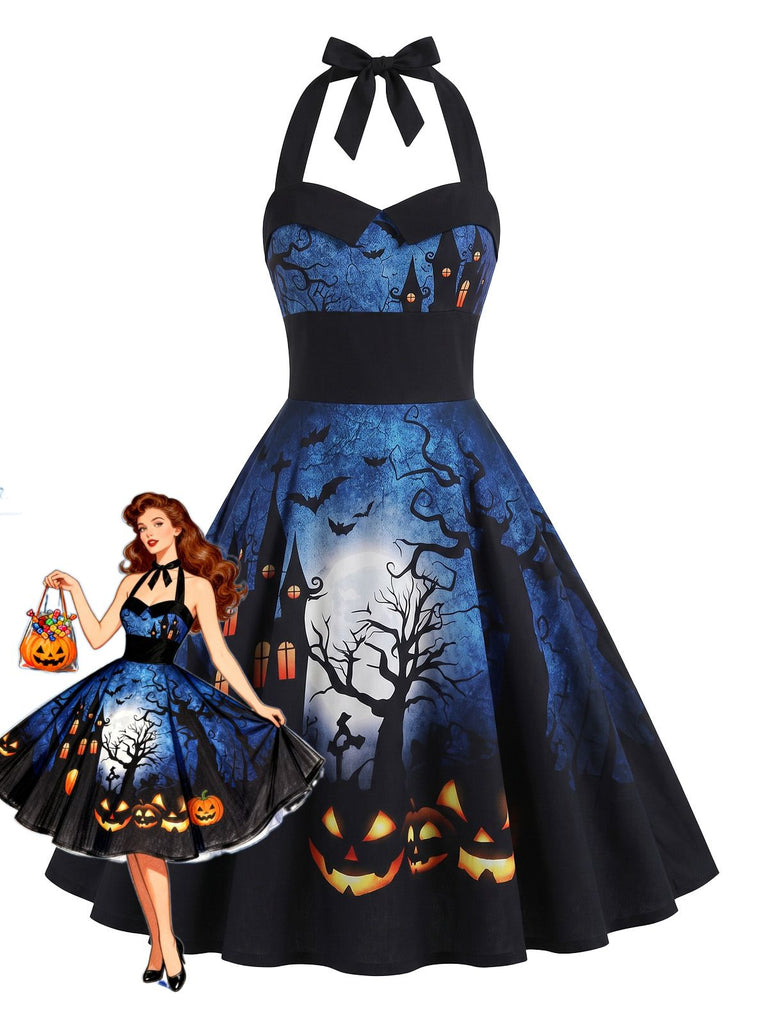 50er Halloween Neckholder-Swingkleid mit Kürbis- und Fledermaus-Print