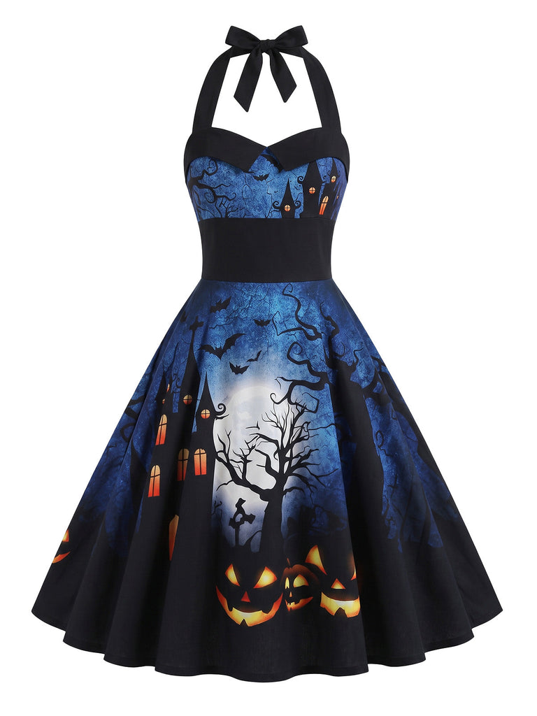 50er Halloween Neckholder-Swingkleid mit Kürbis- und Fledermaus-Print