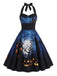 50er Halloween Neckholder-Swingkleid mit Kürbis- und Fledermaus-Print