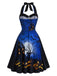 50er Halloween Neckholder-Swingkleid mit Kürbis- und Fledermaus-Print
