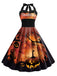 50er Halloween Neckholder-Swingkleid mit Kürbis- und Fledermaus-Print