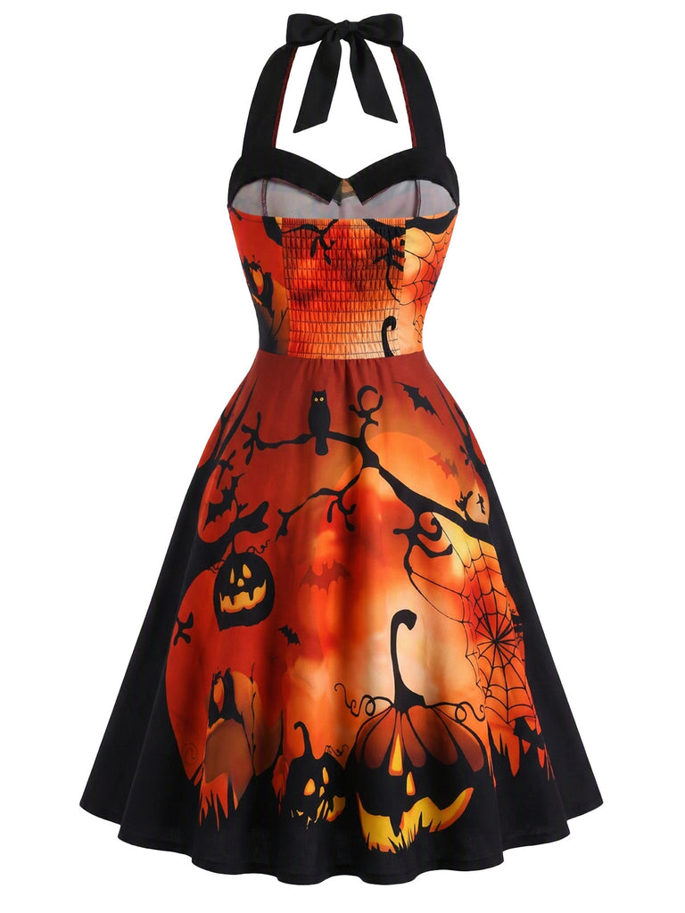 50er Halloween Neckholder-Swingkleid mit Kürbis- und Fledermaus-Print