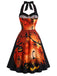 50er Halloween Neckholder-Swingkleid mit Kürbis- und Fledermaus-Print