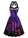 50er Halloween Neckholder-Swingkleid mit Kürbis- und Fledermaus-Print