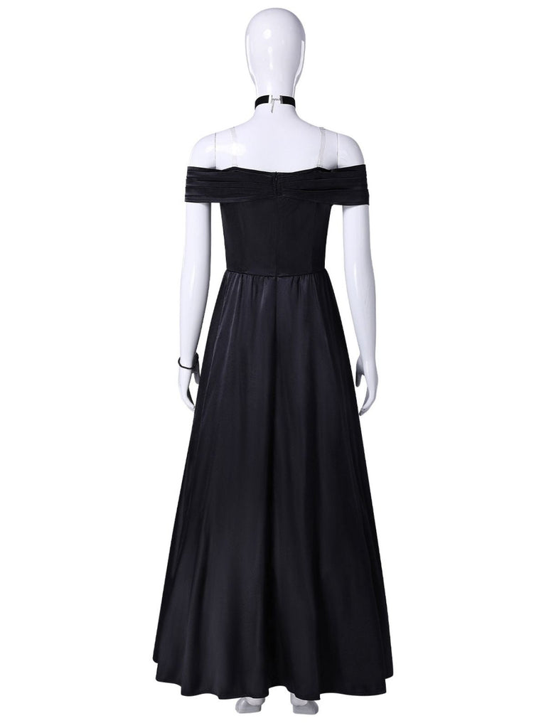 Schwarzes 70er Joker-Queen Maxikleid mit schulterfreiem Schnitt