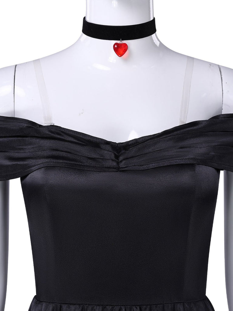 Schwarzes 70er Joker-Queen Maxikleid mit schulterfreiem Schnitt