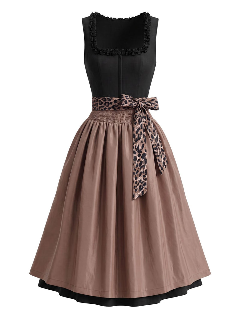 Braunes 50er Rüschenkleid mit Karree-Ausschnitt und Leoparden-Schürze