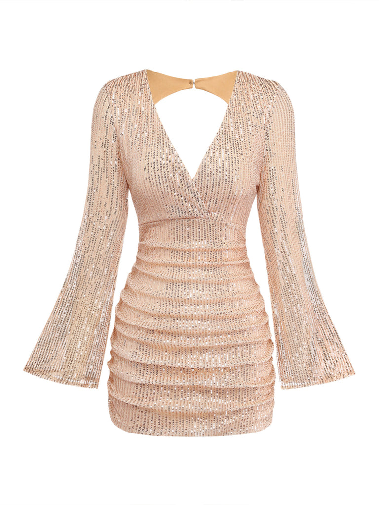 60er Pailletten-Bodycon-Kleid mit V-Ausschnitt, Raffung und offenem Rücken