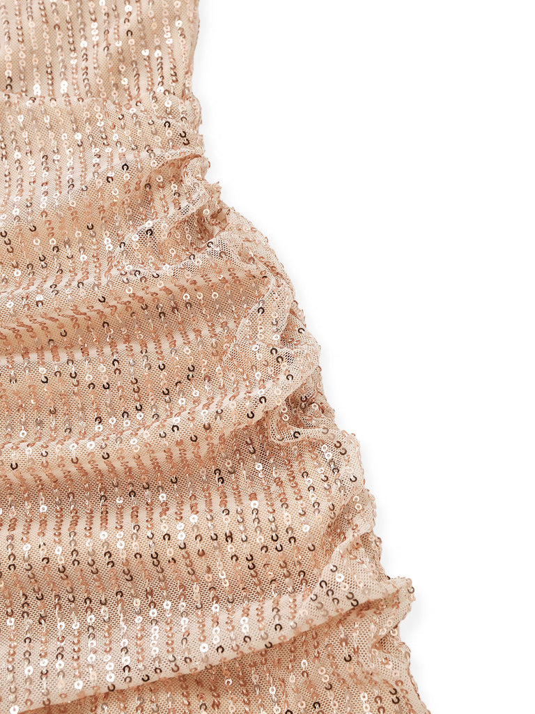 60er Pailletten-Bodycon-Kleid mit V-Ausschnitt, Raffung und offenem Rücken