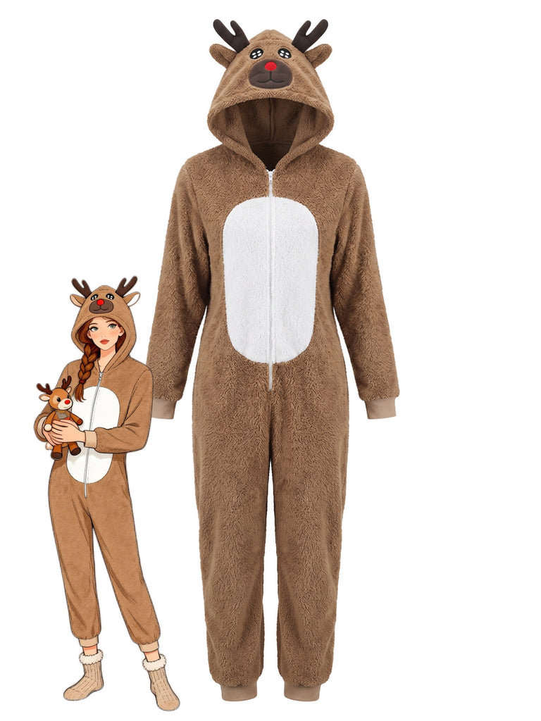 Khaki 60er Rentier-Kostüm Overall mit Kapuze