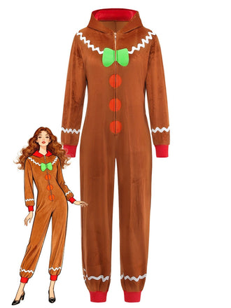 Brauner 60er Lebkuchen-Jumpsuit mit Kapuze und Reißverschluss