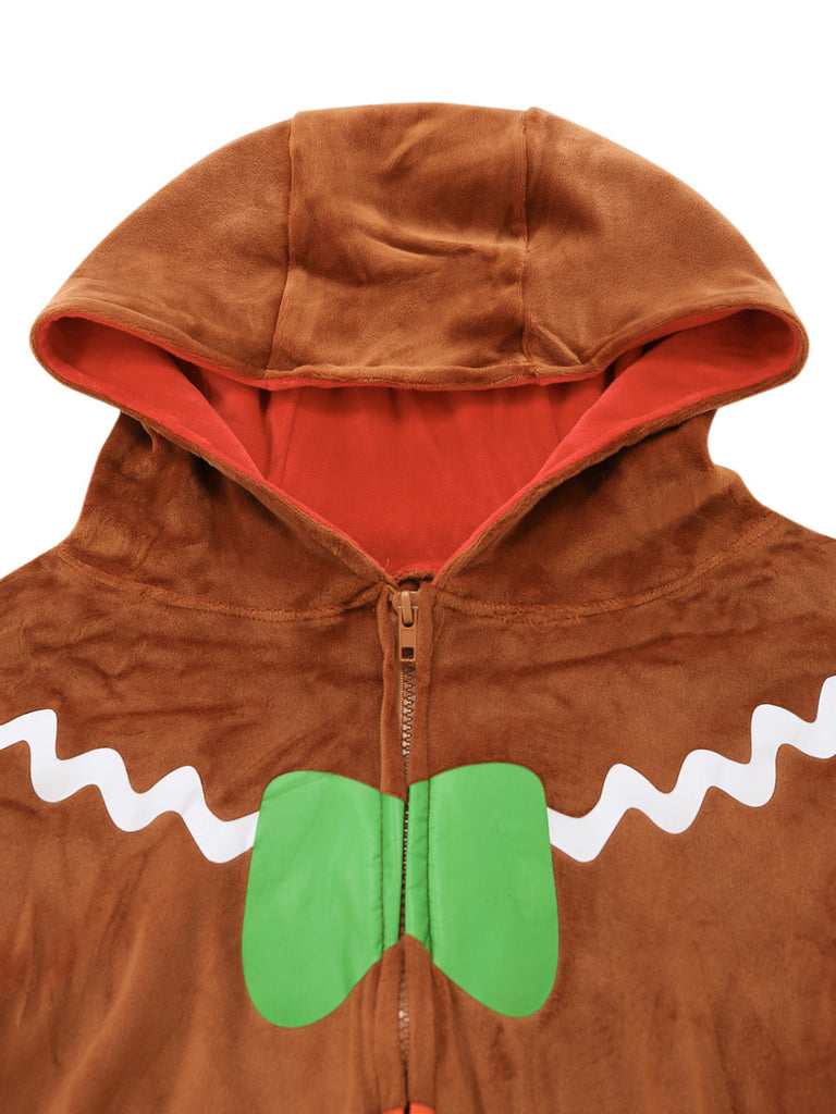 Brauner 60er Lebkuchen-Jumpsuit mit Kapuze und Reißverschluss