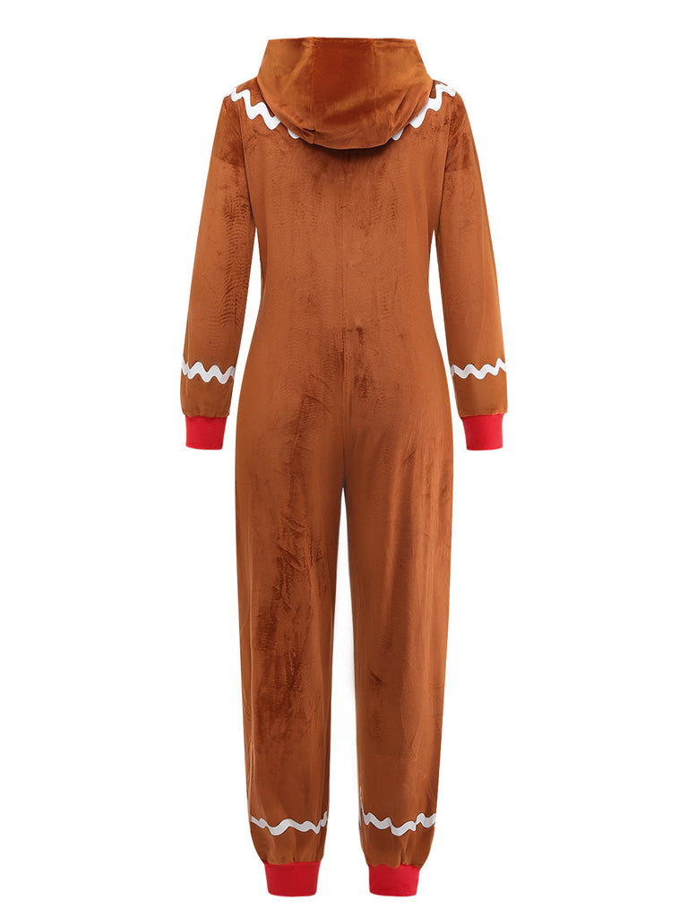 Brauner 60er Lebkuchen-Jumpsuit mit Kapuze und Reißverschluss