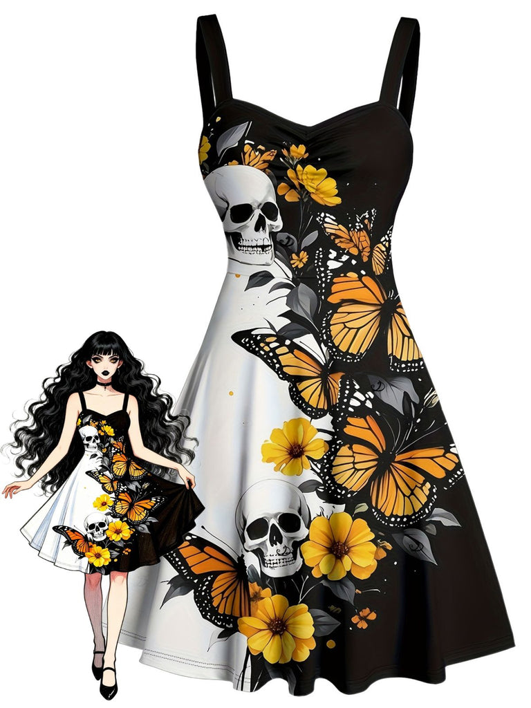 50er Kleid mit Sonnenblumen-, Schmetterlings- und Totenkopf-Print