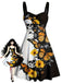 50er Kleid mit Sonnenblumen-, Schmetterlings- und Totenkopf-Print