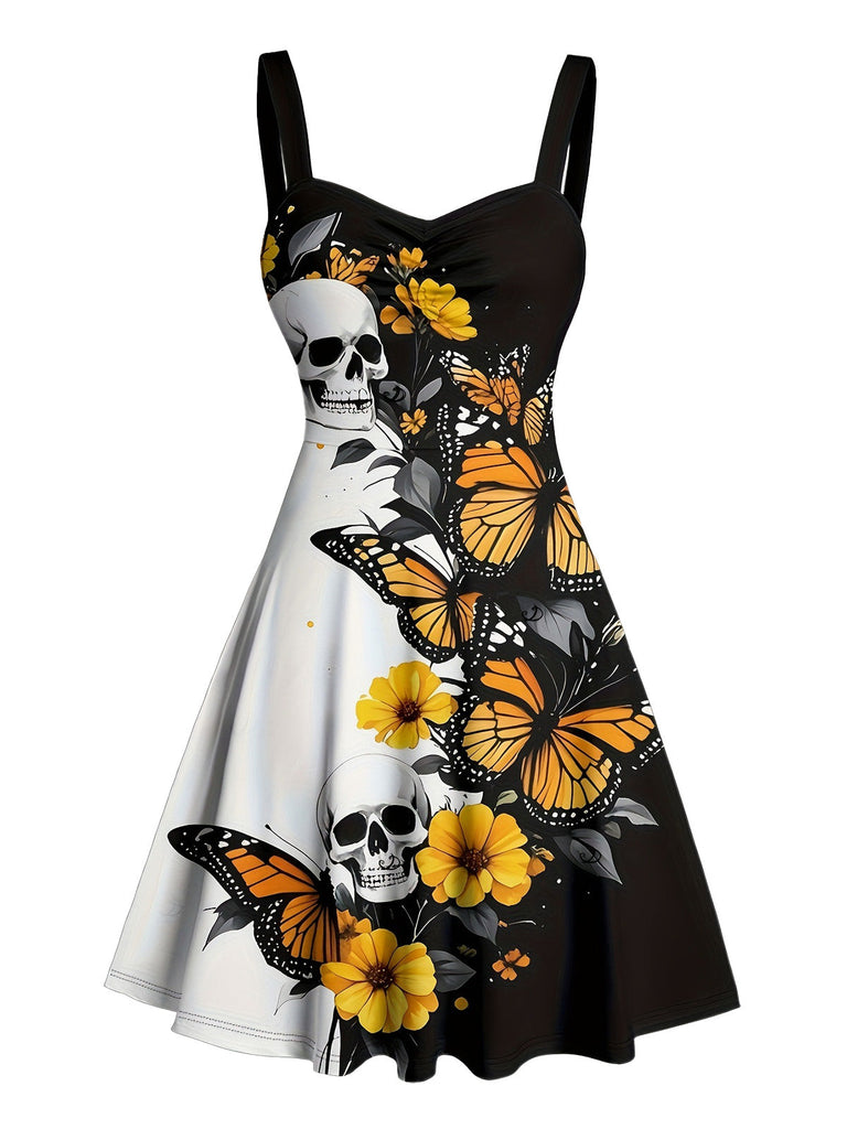 50er Kleid mit Sonnenblumen-, Schmetterlings- und Totenkopf-Print