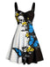 50er Kleid mit Sonnenblumen-, Schmetterlings- und Totenkopf-Print