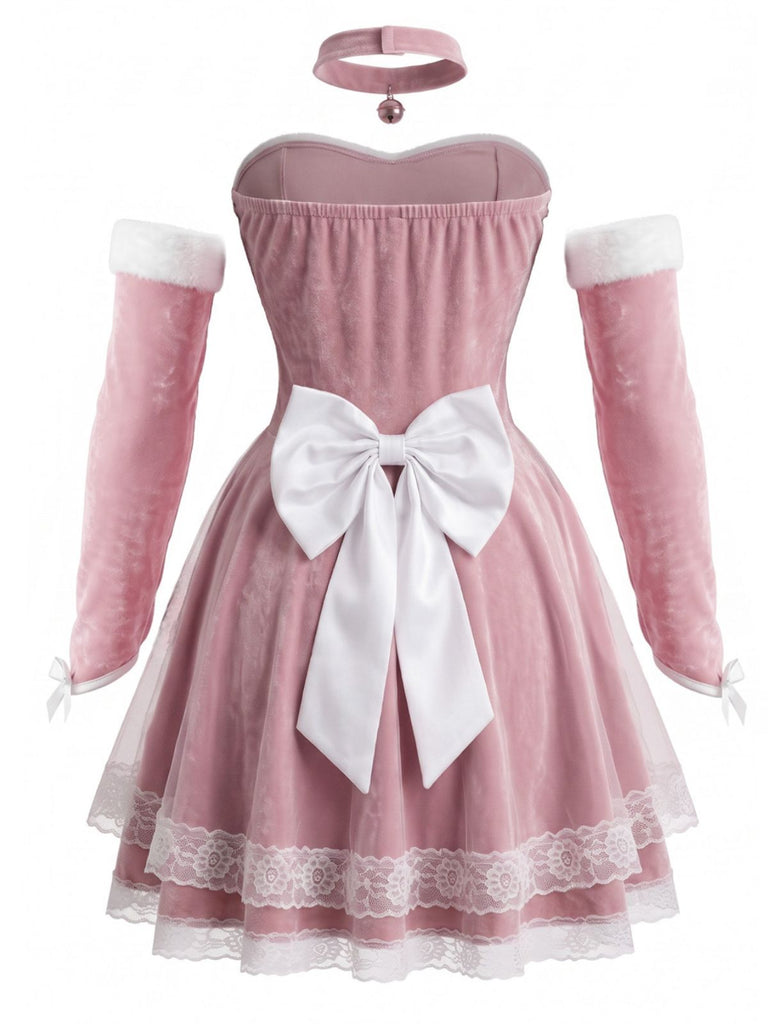 Rosa 50er trägerloses Hasen-Cosplay-Set mit Samt