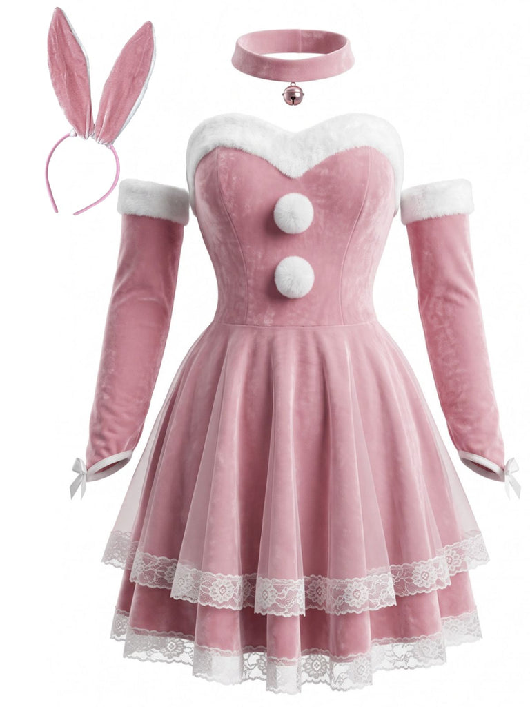 Rosa 50er trägerloses Hasen-Cosplay-Set mit Samt