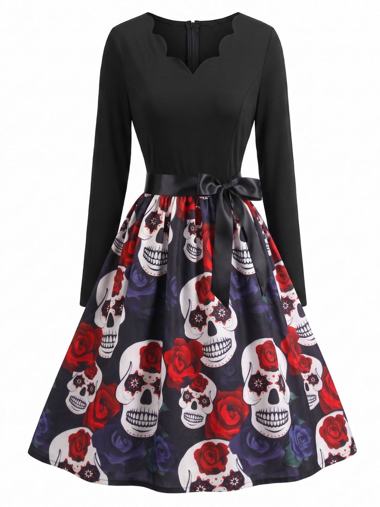 50er Halloween-Swingkleid mit Kürbis-Print und Blütenkragen