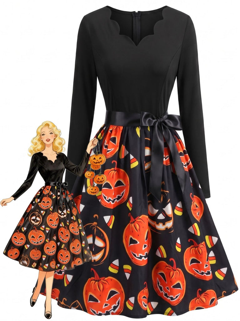 50er Halloween-Swingkleid mit Kürbis-Print und Blütenkragen
