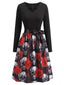 Totenkopf & Rote Mohnblume 50er Halloween-Swingkleid mit Kürbis-Print und Blütenkragen
