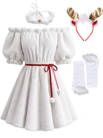 Weißes 60er schulterfreies Kunstfell-Minikleid mit Geweih-Haarreif
