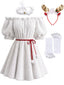 Weißes 60er schulterfreies Kunstfell-Minikleid mit Geweih-Haarreif