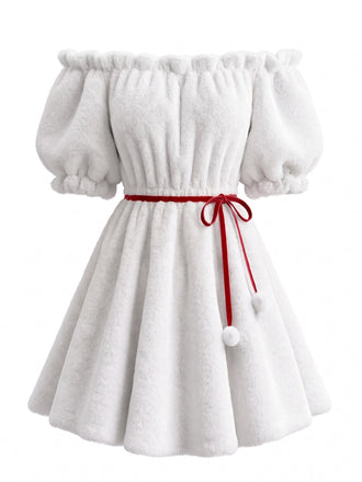 Weißes 60er schulterfreies Kunstfell-Minikleid mit Geweih-Haarreif