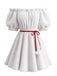 Weißes 60er schulterfreies Kunstfell-Minikleid mit Geweih-Haarreif
