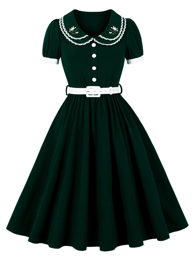 50er Swingkleid mit Blumenstickerei und Peter-Pan-Kragen