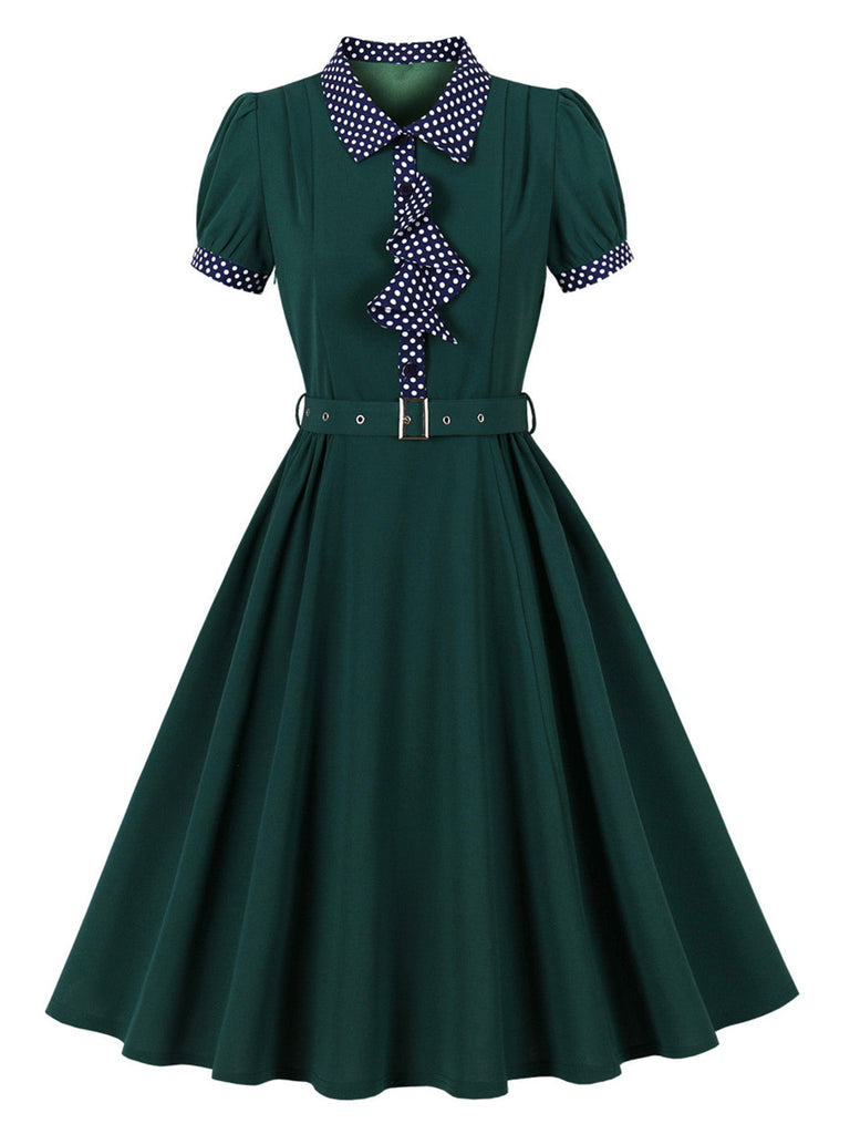 Grünes 50er Swingkleid mit Polka-Dots und Puffärmeln