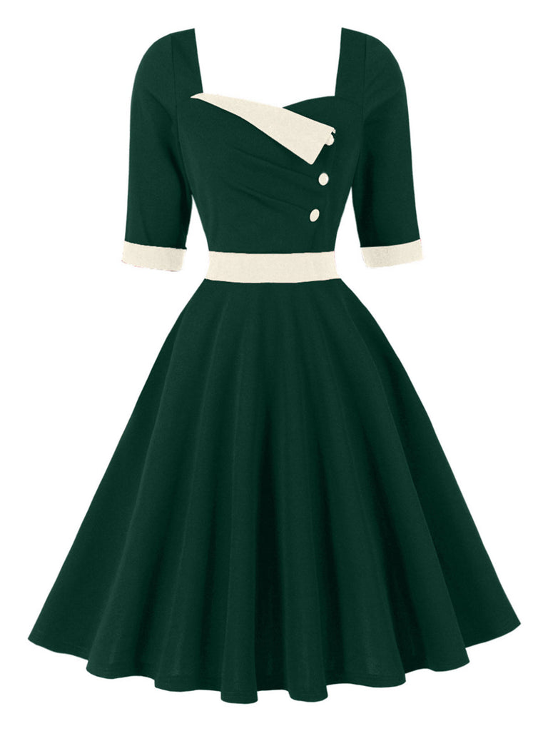 Grünes 50er Colorblock-Kleid mit Karree-Ausschnitt und Halbärmeln