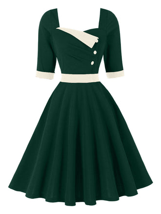 Grünes 50er Colorblock-Kleid mit Karree-Ausschnitt und Halbärmeln