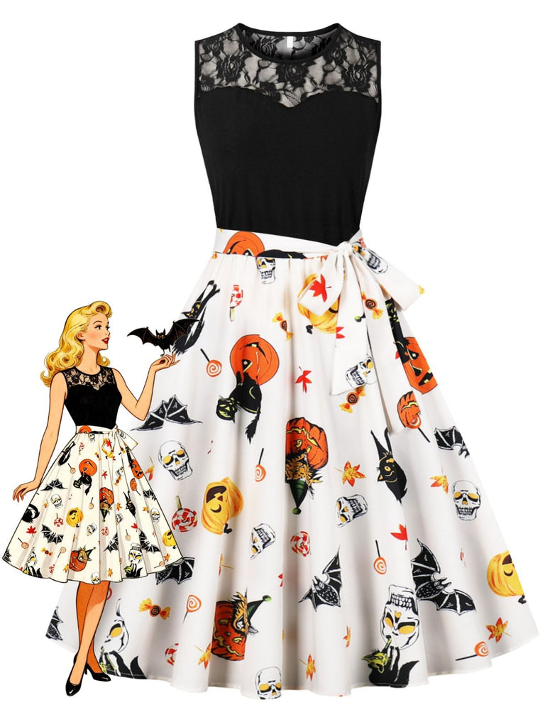 Ärmelloses 50er Halloween-Kleid mit Spitze und Bindegürtel