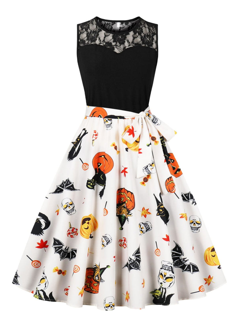 Ärmelloses 50er Halloween-Kleid mit Spitze und Bindegürtel
