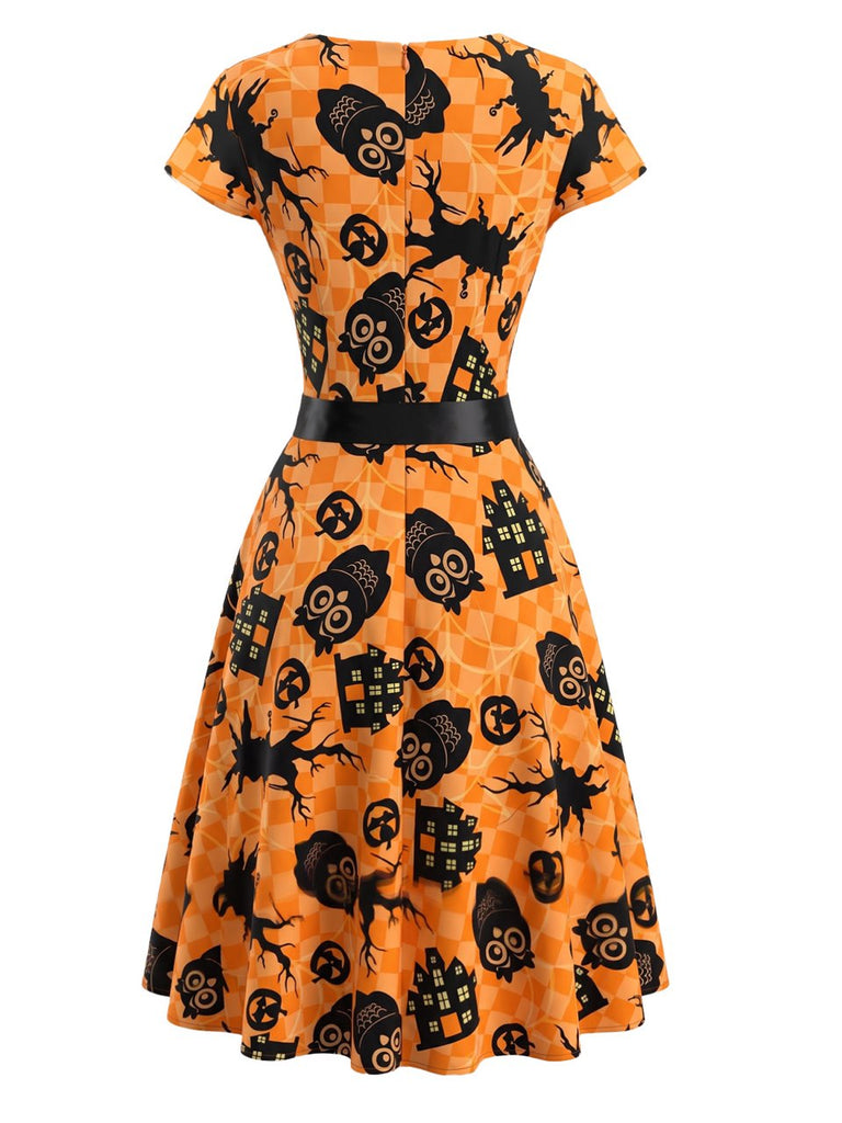 50er Halloween Swingkleid mit Kürbis- und Eulen-Print